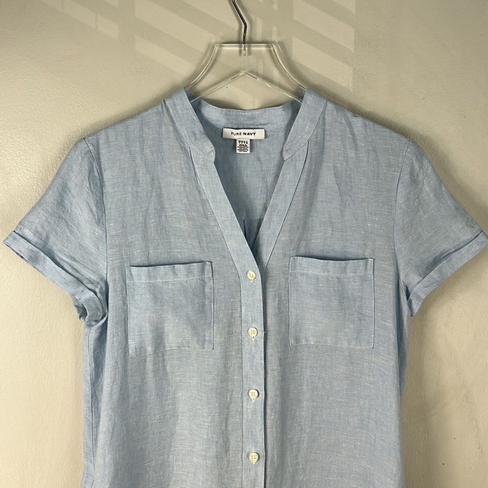 PURE NAVY Pocket Detail 100% Linen Chambray Button Front Shirt Midi Dress - Picture 5 of 9